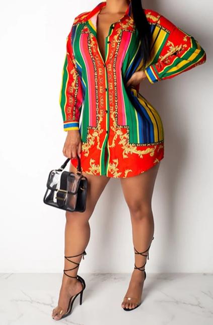 Red Striped Long Sleeve Shirt Dress